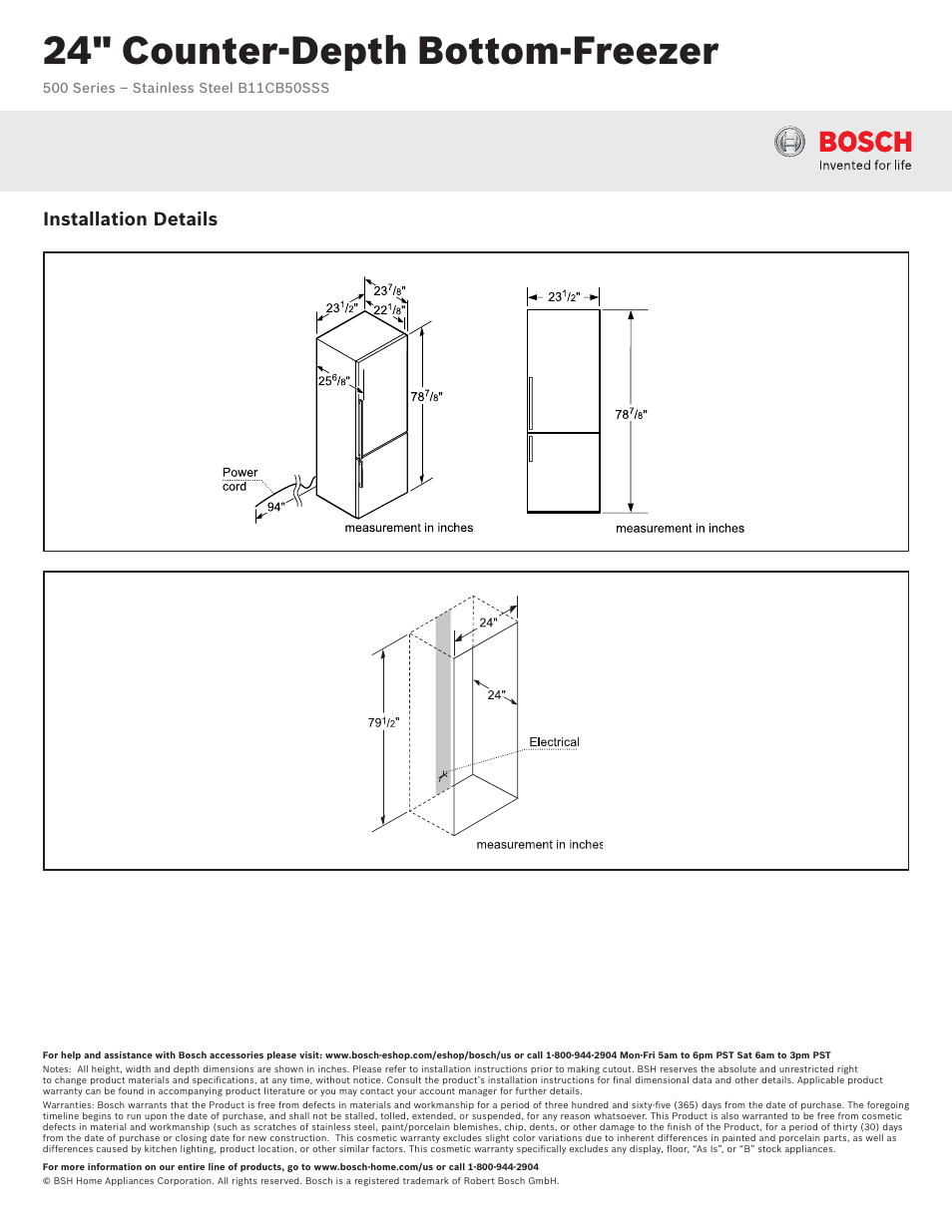 24" counter-depth bottom-freezer, Installation details | Bosch B11CB50SSS User Manual | Page 2 / 2