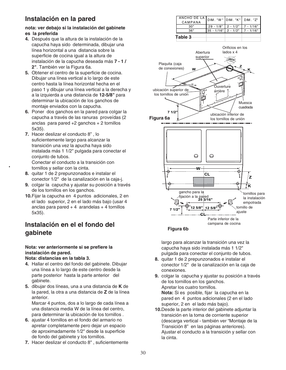 Instalación en la pared, Instalación en el el fondo del gabinete | Bosch DPH36652UC User Manual | Page 30 / 32