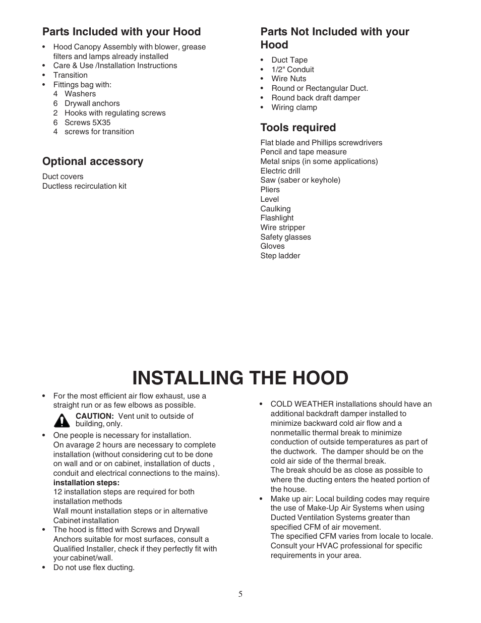 Installing the hood, Parts included with your hood, Optional accessory | Parts not included with your hood, Tools required | Bosch DPH36652UC User Manual | Page 5 / 32