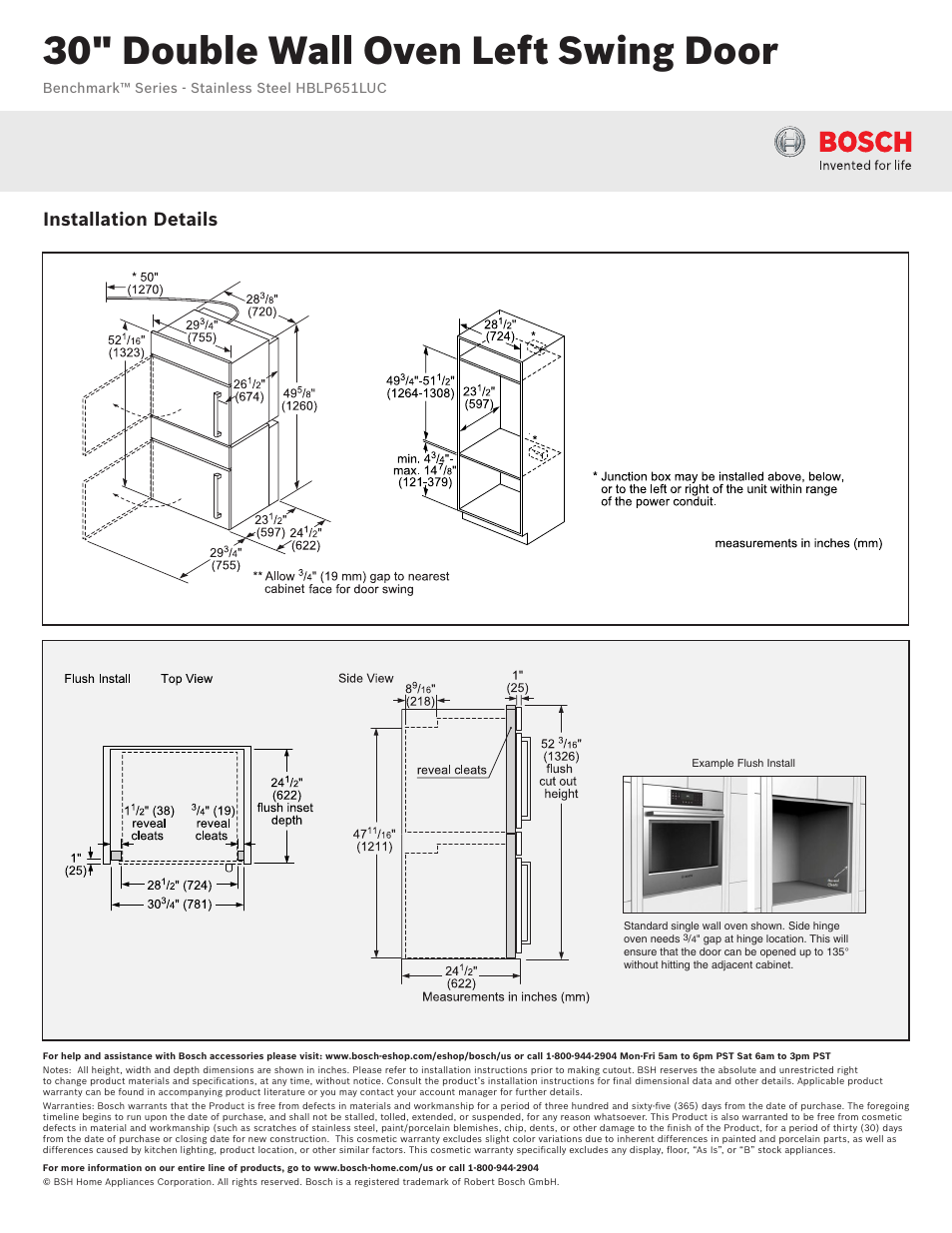 30" double wall oven left swing door, Installation details | Bosch HBLP651LUC User Manual | Page 2 / 3