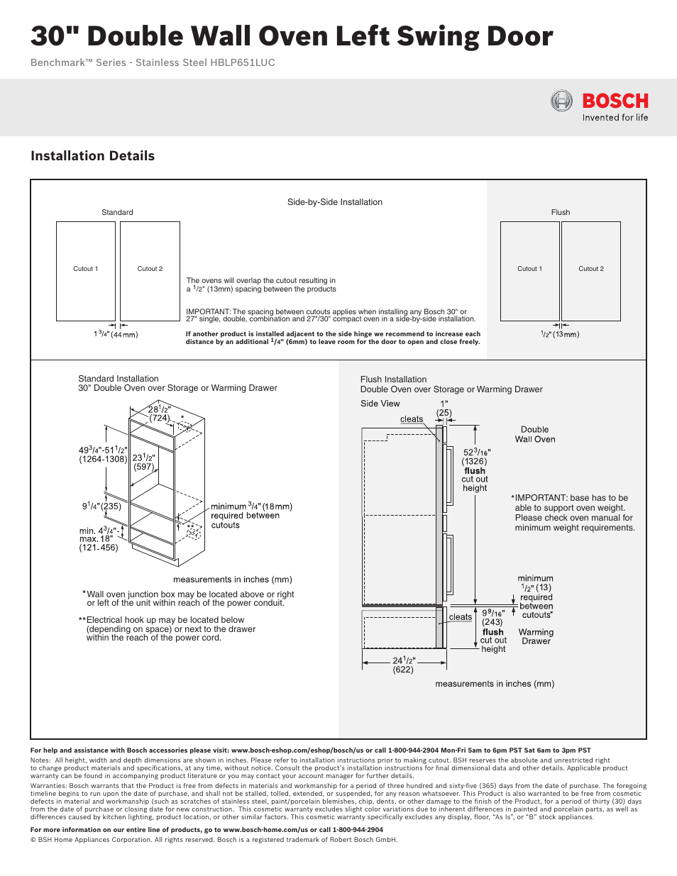 30" double wall oven left swing door, Installation details, Benchmark™ series - stainless steel hblp651luc | Bosch HBLP651LUC User Manual | Page 3 / 3