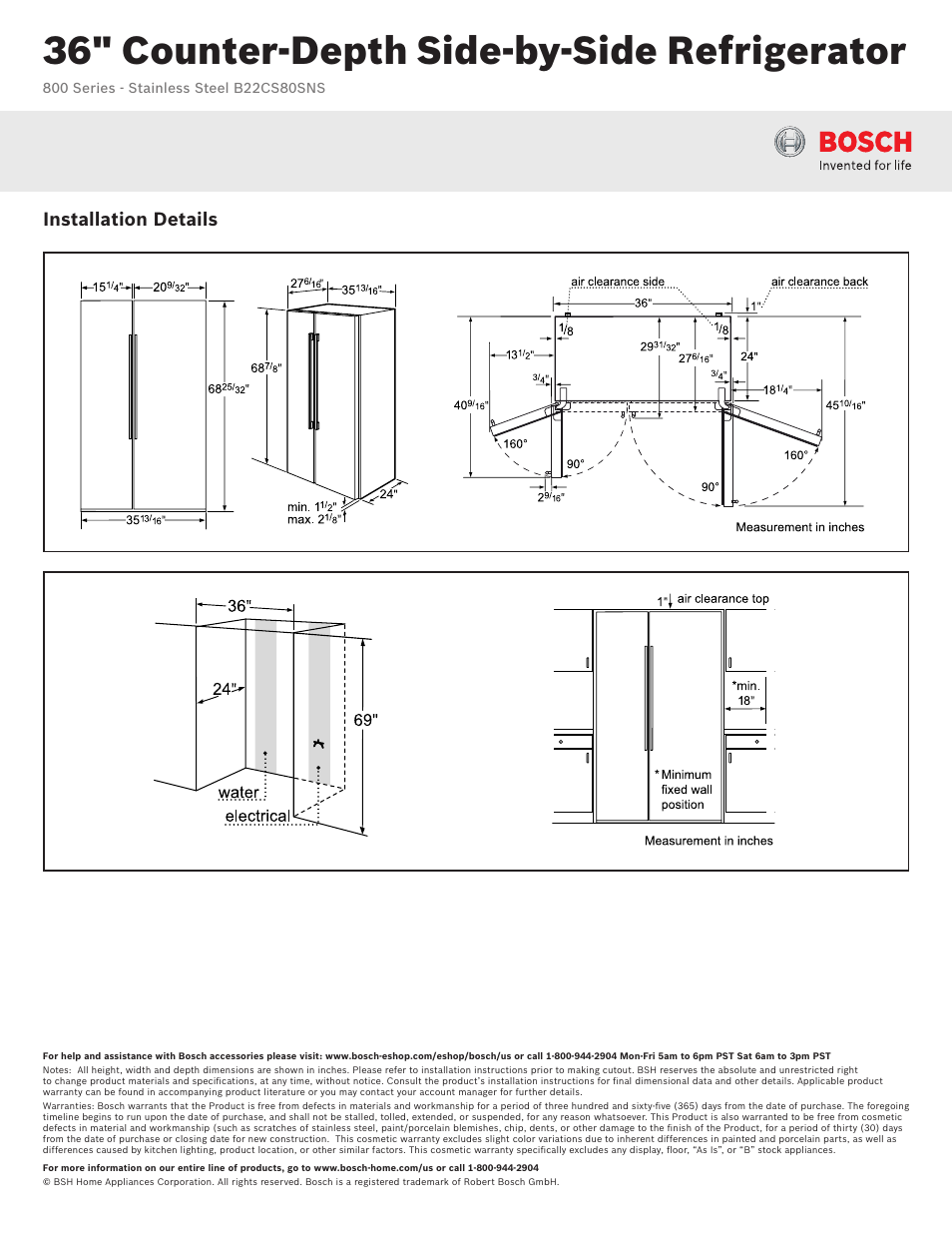 36" counter-depth side-by-side refrigerator, Installation details | Bosch B22CS80SNS User Manual | Page 2 / 2