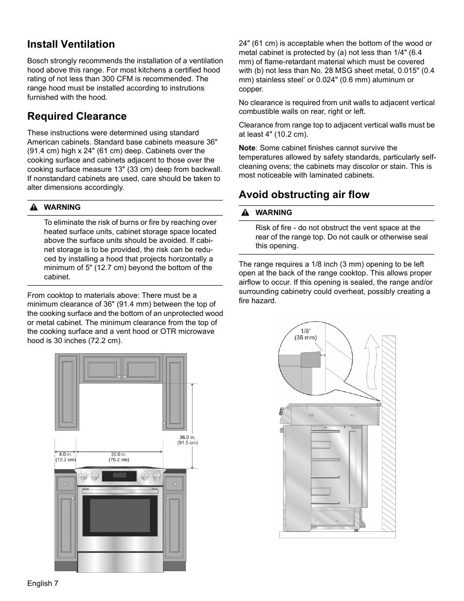 Install ventilation, Required clearance, Avoid obstructing air flow | Bosch HEIP054U User Manual | Page 10 / 56