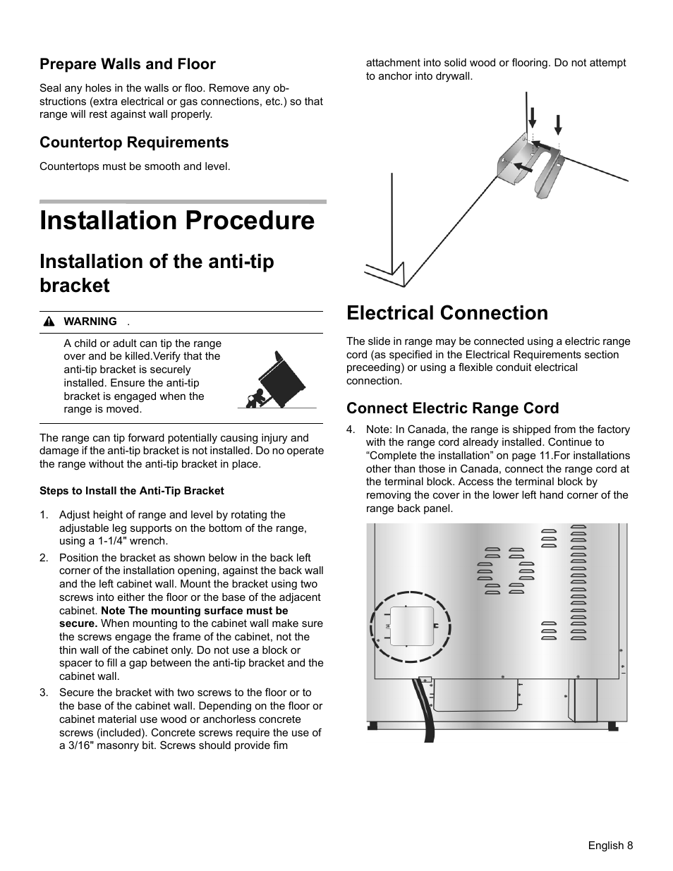 Installation procedure, Installation of the anti-tip bracket, Electrical connection | Bosch HEIP054U User Manual | Page 11 / 56