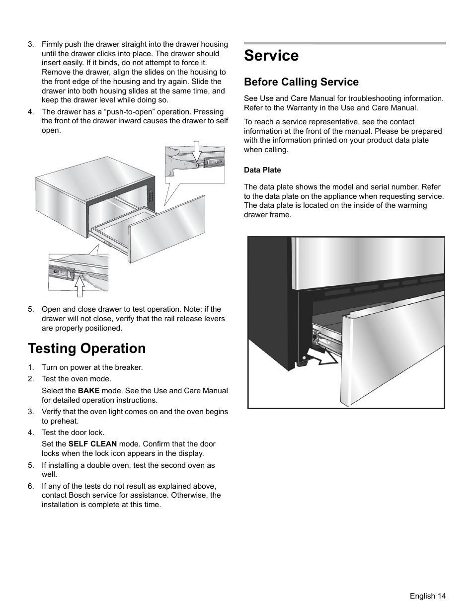 Service, Testing operation, Before calling service | Bosch HEIP054U User Manual | Page 17 / 56