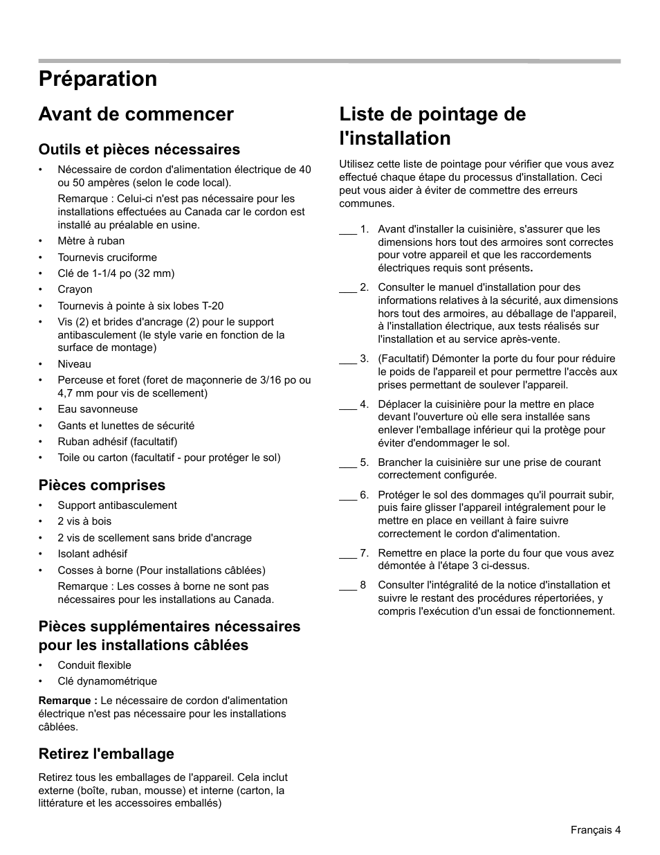 Préparation, Avant de commencer, Liste de pointage de l'installation | Outils et pièces nécessaires, Pièces comprises, Retirez l'emballage | Bosch HEIP054U User Manual | Page 23 / 56