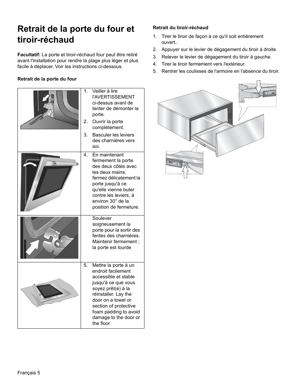 Retrait de la porte du four et tiroir-réchaud | Bosch HEIP054U User Manual | Page 24 / 56