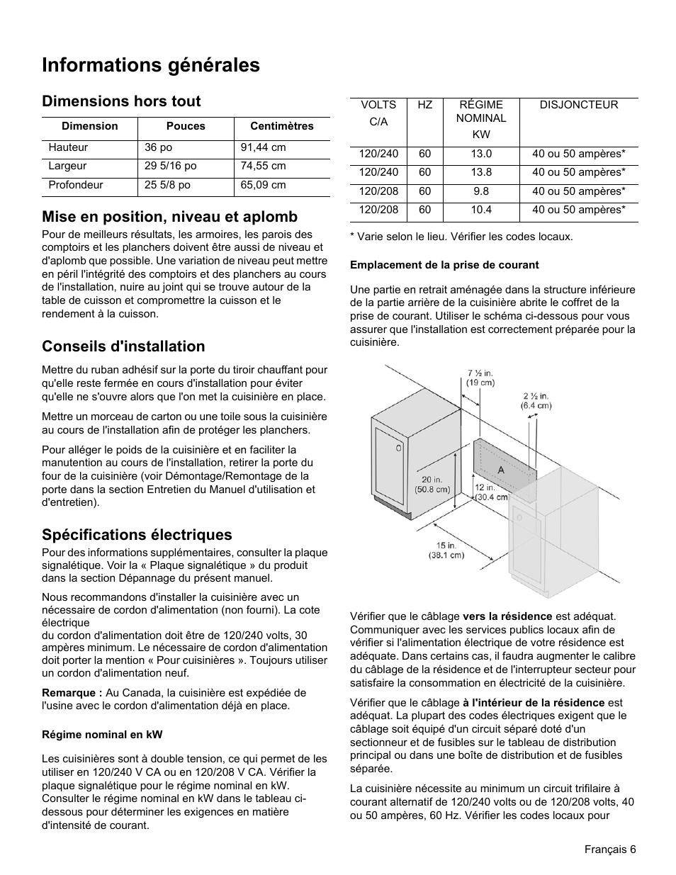 Informations générales, Conseils d'installation, Spécifications électriques | Bosch HEIP054U User Manual | Page 25 / 56