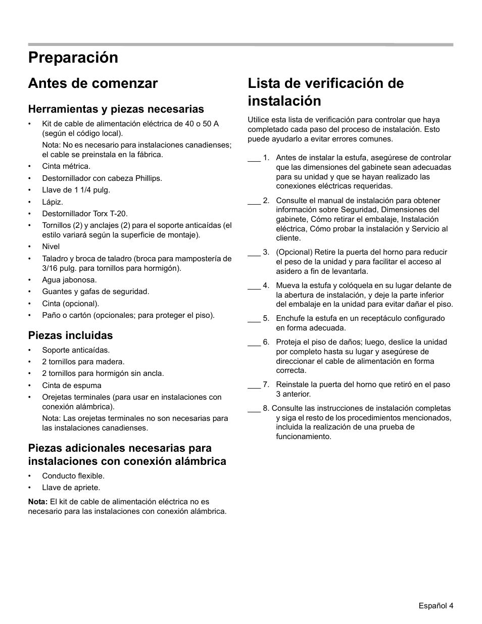 Preparación, Antes de comenzar, Lista de verificación de instalación | Herramientas y piezas necesarias, Piezas incluidas | Bosch HEIP054U User Manual | Page 41 / 56