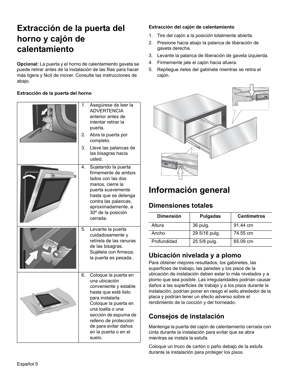 Información general, Dimensiones totales ubicación nivelada y a plomo, Consejos de instalación | Bosch HEIP054U User Manual | Page 42 / 56