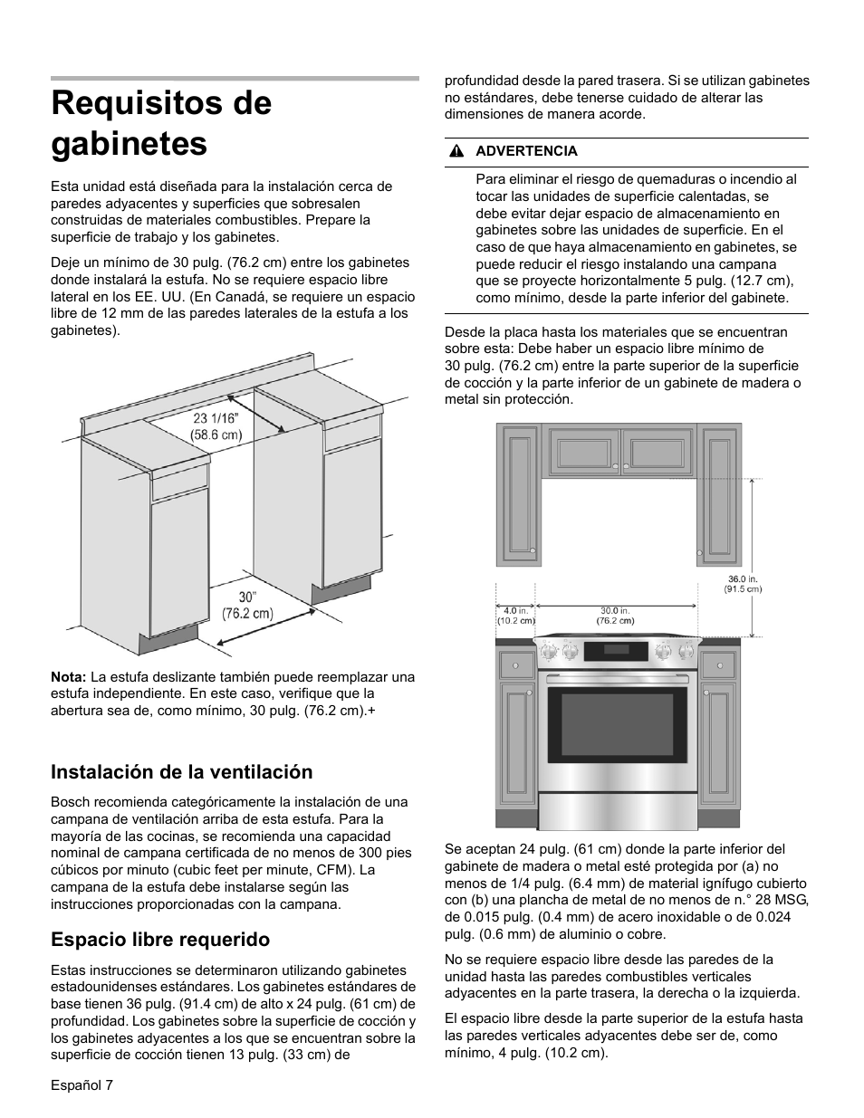 Requisitos de gabinetes, Instalación de la ventilación, Espacio libre requerido | Bosch HEIP054U User Manual | Page 44 / 56