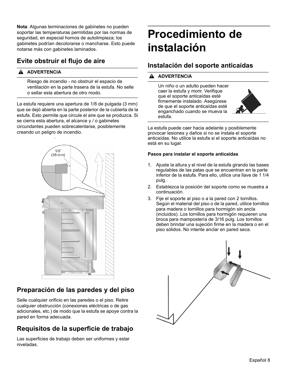 Procedimiento de instalación, Evite obstruir el flujo de aire, Preparación de las paredes y del piso | Requisitos de la superficie de trabajo, Instalación del soporte anticaídas | Bosch HEIP054U User Manual | Page 45 / 56