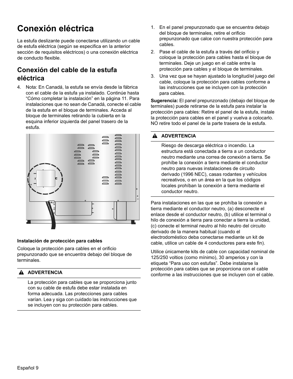 Conexión eléctrica, Conexión del cable de la estufa eléctrica | Bosch HEIP054U User Manual | Page 46 / 56