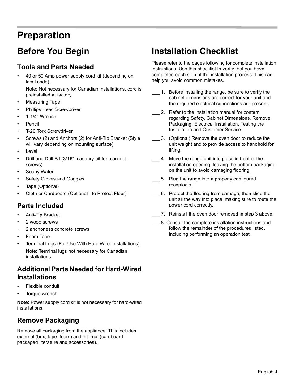 Preparation, Before you begin, Installation checklist | Tools and parts needed, Parts included, Remove packaging | Bosch HEIP054U User Manual | Page 7 / 56