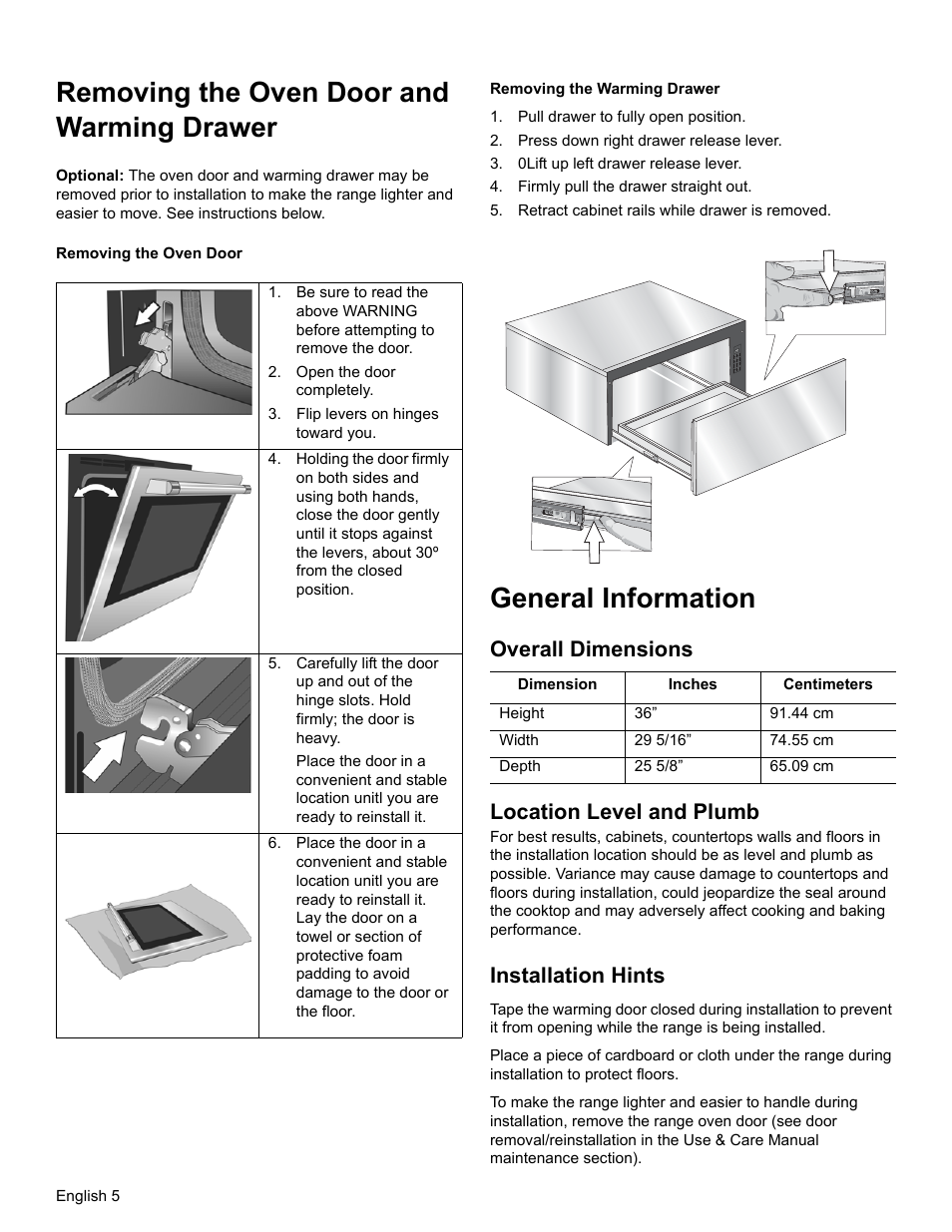 Removing the oven door and warming drawer, General information, Overall dimensions location level and plumb | Installation hints | Bosch HEIP054U User Manual | Page 8 / 56