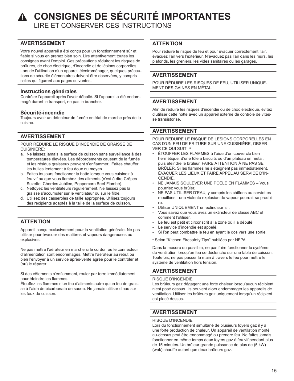 Consignes de sécurité importantes, Lire et conserver ces instructions, Avertissement | Instructions générales, Sécurité-incendie, Antes instructions générales sécurité-incendie | Bosch HUI54451UC User Manual | Page 15 / 40