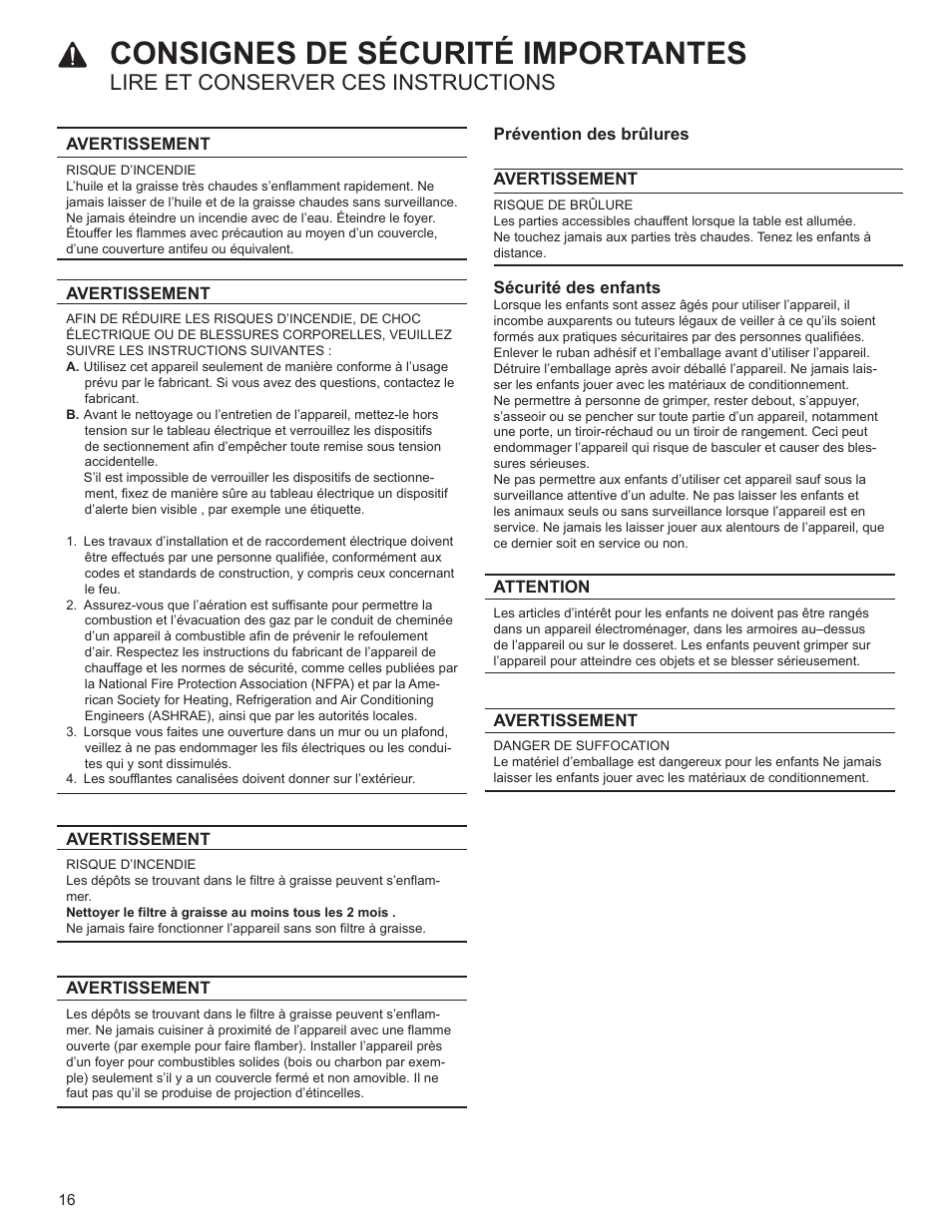 Avertissement, Attention, Risque d’incendie | Risque d'incendie, Consignes de sécurité importantes, Lire et conserver ces instructions | Bosch HUI54451UC User Manual | Page 16 / 40