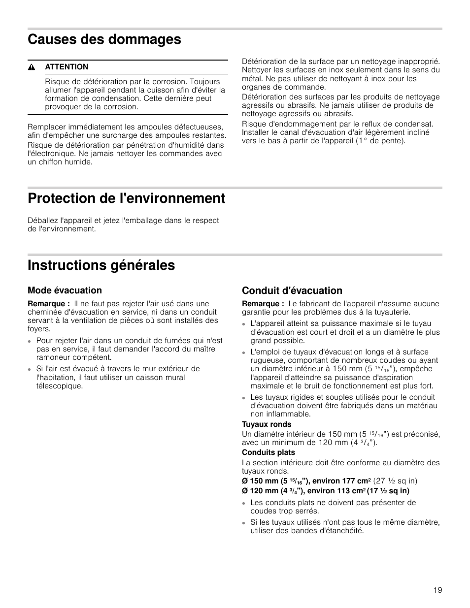 Causes des dommages, 9 attention, Protection de l'environnement | Instructions générales, Mode évacuation, Remarque, Conduit d'évacuation, Vironnement, Ales mode évacuation conduit d'évacuation | Bosch HUI54451UC User Manual | Page 19 / 40