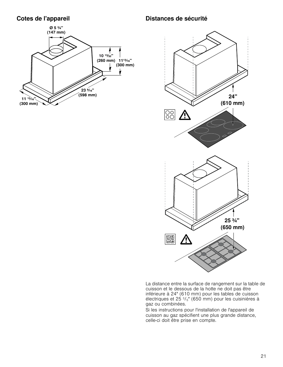 Cotes de l'appareil, Distances de sécurité, Cotes de l'appareil distances de sécurité | Bosch HUI54451UC User Manual | Page 21 / 40