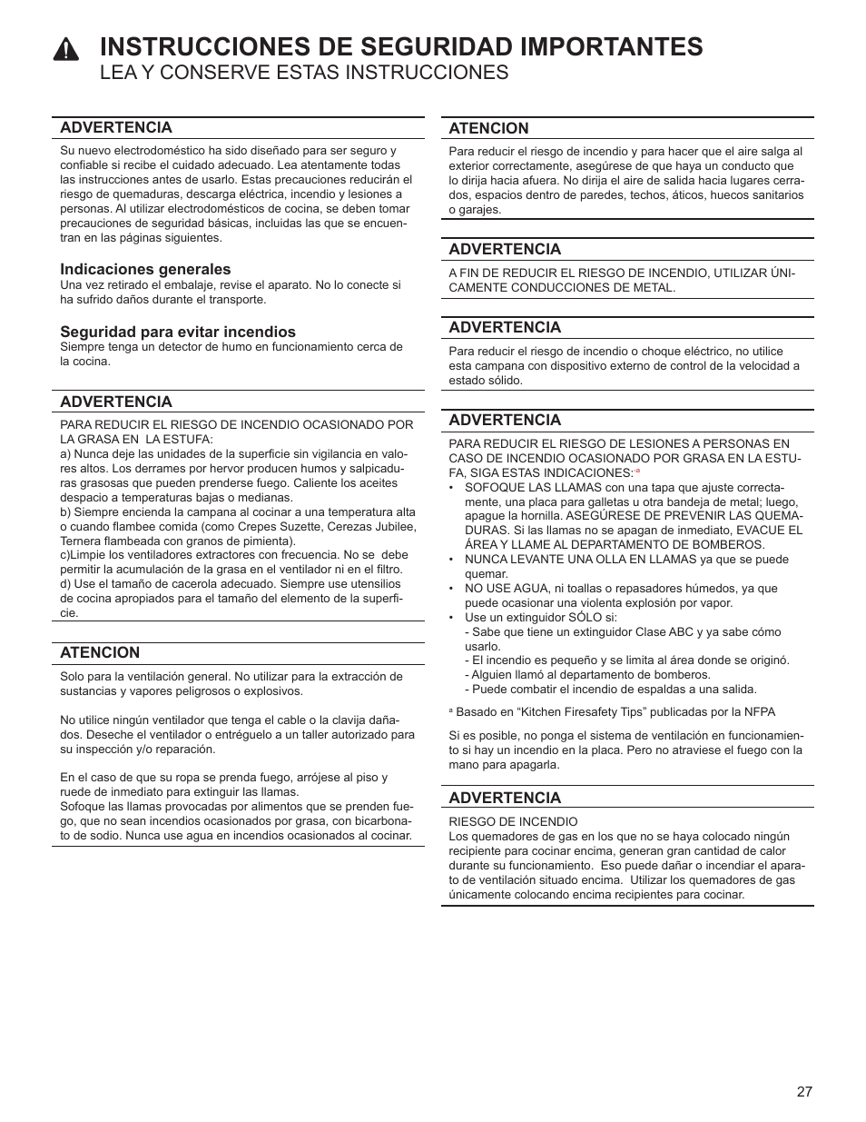 Instrucciones de seguridad importantes, Lea y conserve estas instrucciones, Advertencia | Indicaciones generales, Antes indicaciones generales | Bosch HUI54451UC User Manual | Page 27 / 40