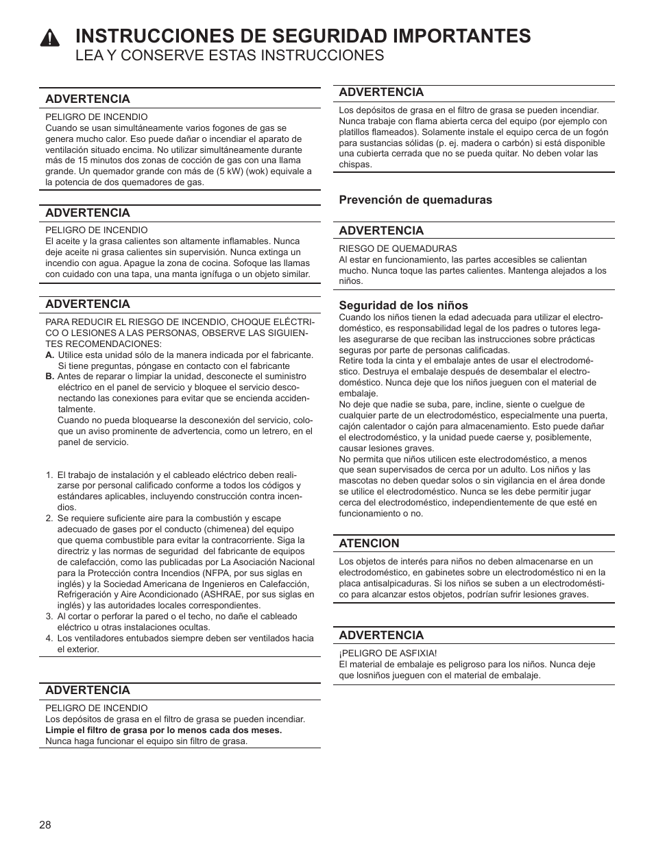 Seguridad para evitar incendios, Advertencia, Atencion | Riesgo de incendio, Peligro de incendio, Instrucciones de seguridad importantes, Lea y conserve estas instrucciones | Bosch HUI54451UC User Manual | Page 28 / 40