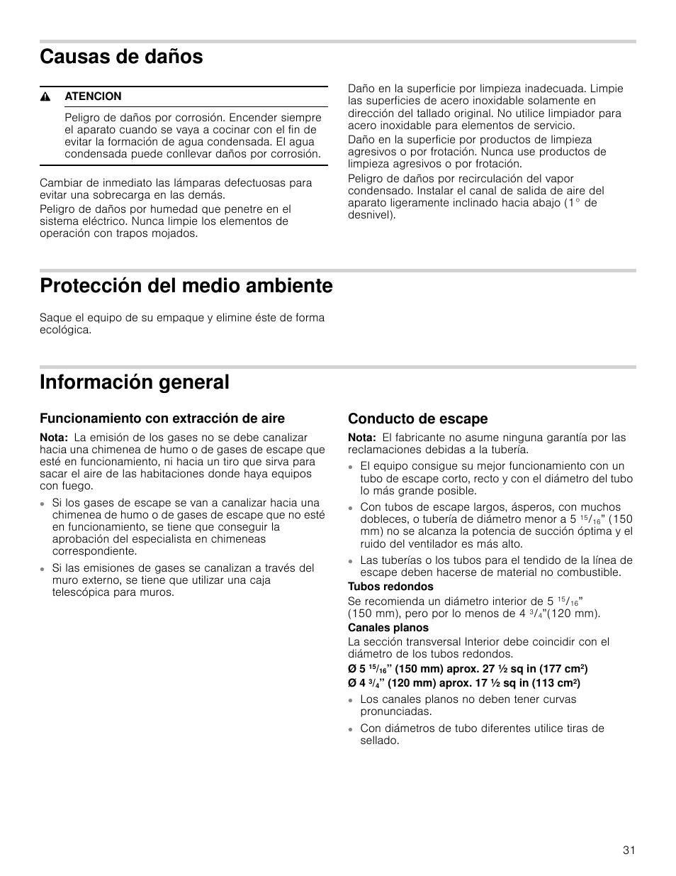 Causas de daños, 9 atencion, Protección del medio ambiente | Información general, Funcionamiento con extracción de aire, Nota, Conducto de escape, Ección del medio ambiente | Bosch HUI54451UC User Manual | Page 31 / 40