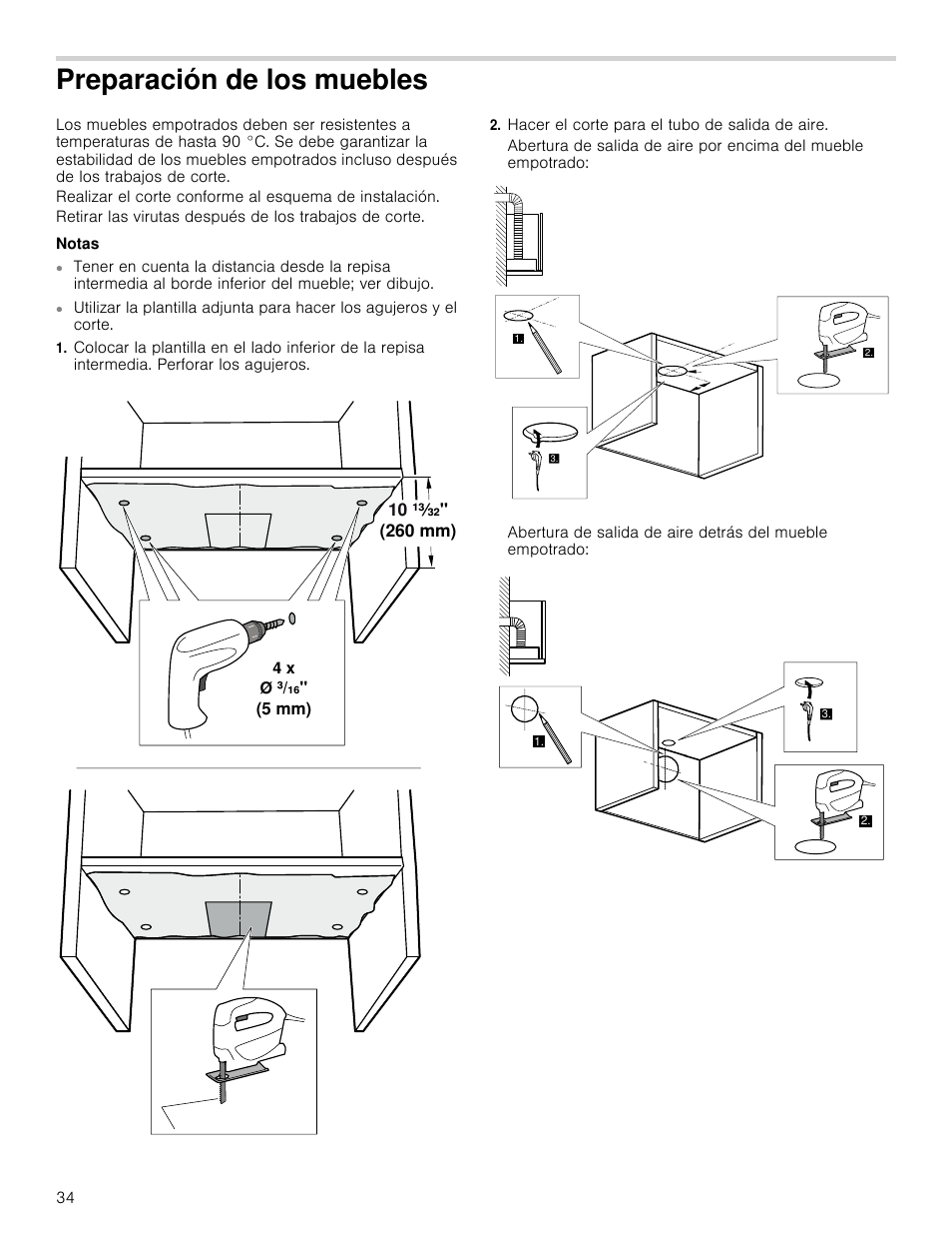 Preparación de los muebles, Notas, Hacer el corte para el tubo de salida de aire | Ación de los muebles | Bosch HUI54451UC User Manual | Page 34 / 40