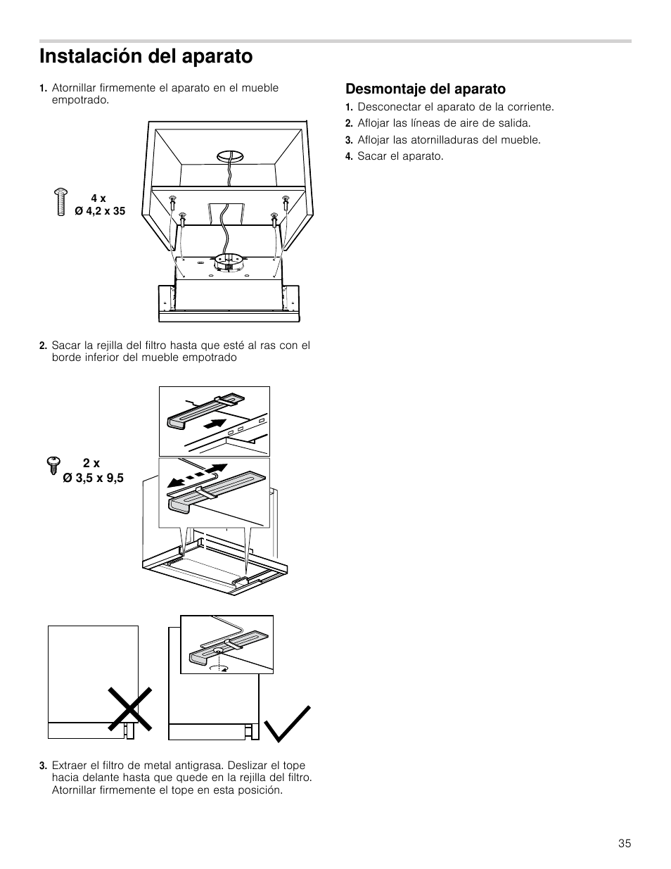 Instalación del aparato, Desmontaje del aparato, Desconectar el aparato de la corriente | Aflojar las líneas de aire de salida, Aflojar las atornilladuras del mueble, Sacar el aparato, O desmontaje del aparato | Bosch HUI54451UC User Manual | Page 35 / 40