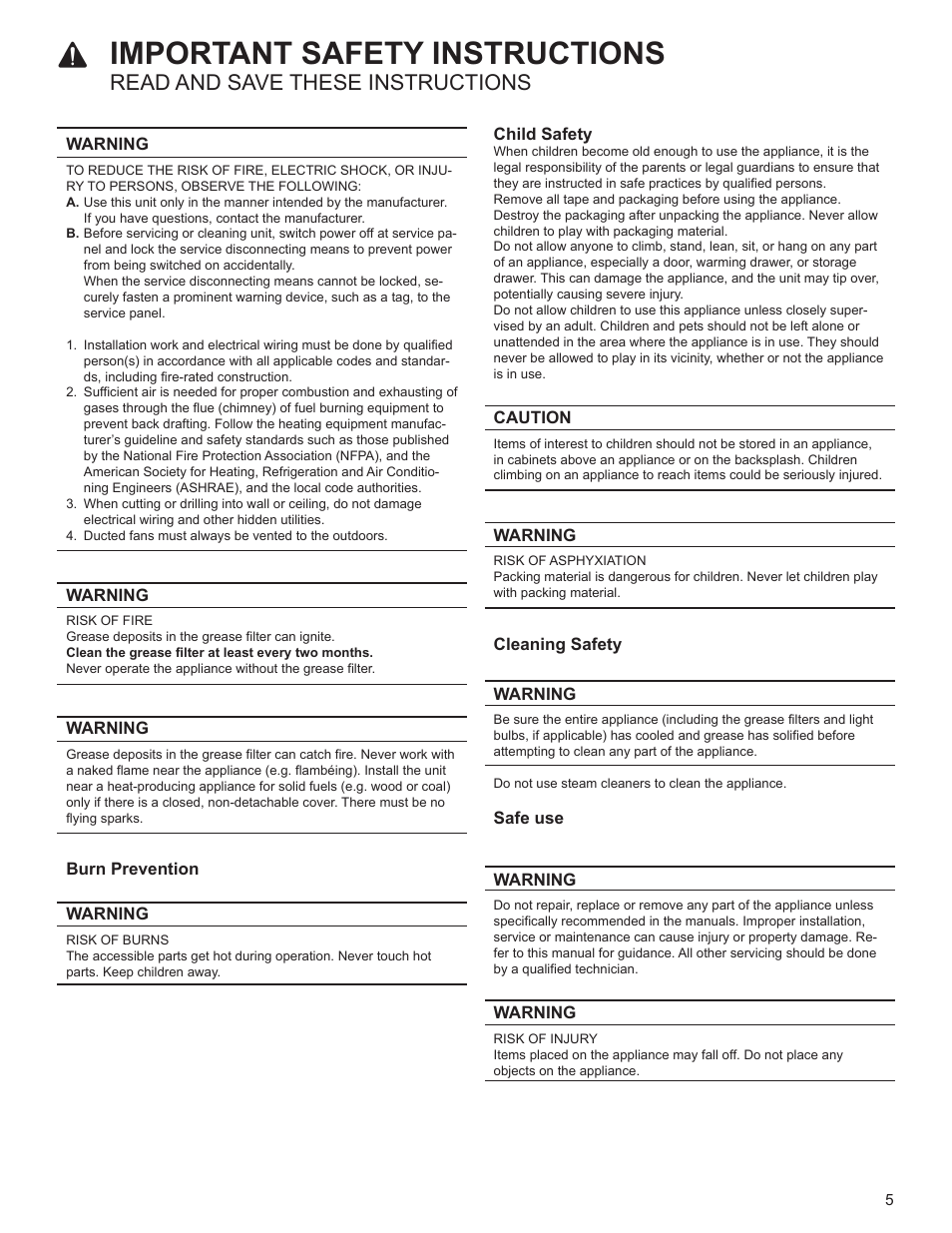 Warning, Risk of fire, Burn prevention | Risk of burns, Child safety, Caution, Burn prevention child safety, Important safety instructions, Read and save these instructions | Bosch HUI54451UC User Manual | Page 5 / 40