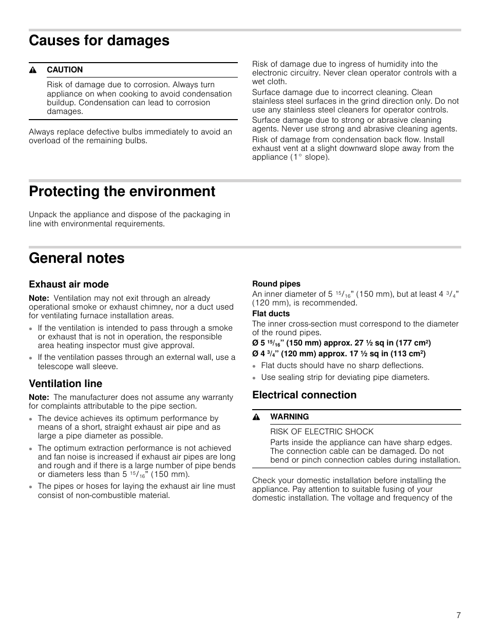 State of california proposition 65 warnings, Warning, Causes for damages | 9 caution, Protecting the environment, General notes, Exhaust air mode, Note, Ventilation line, Electrical connection | Bosch HUI54451UC User Manual | Page 7 / 40