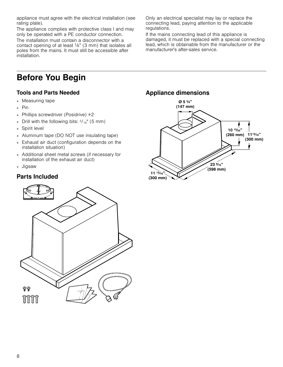 Before you begin, Tools and parts needed, Parts included | Appliance dimensions, Parts included appliance dimensions | Bosch HUI54451UC User Manual | Page 8 / 40