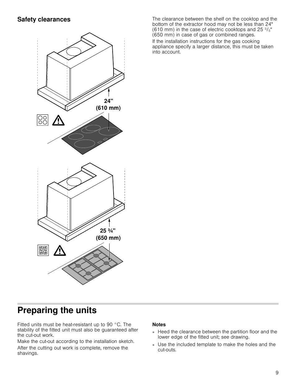 Safety clearances, Preparing the units, Notes | Ing the units | Bosch HUI54451UC User Manual | Page 9 / 40