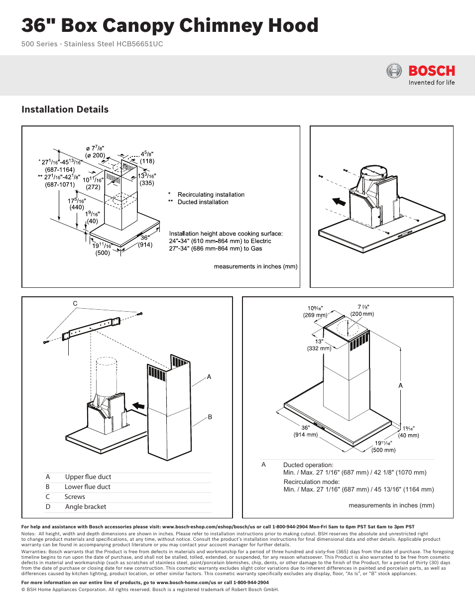 36" box canopy chimney hood, Installation details | Bosch HCB56651UC User Manual | Page 2 / 2