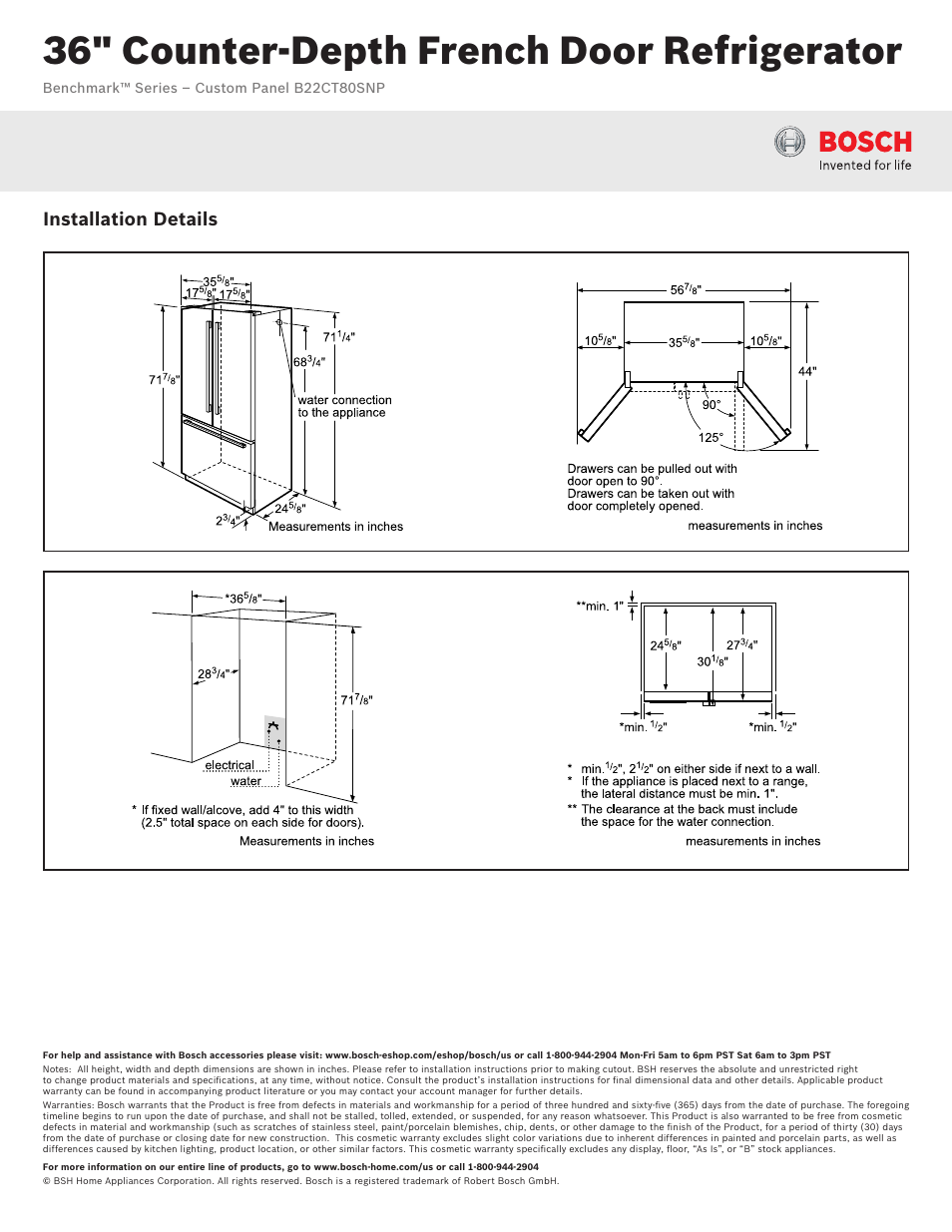 36" counter-depth french door refrigerator, Installation details | Bosch B22CT80SNP User Manual | Page 2 / 2