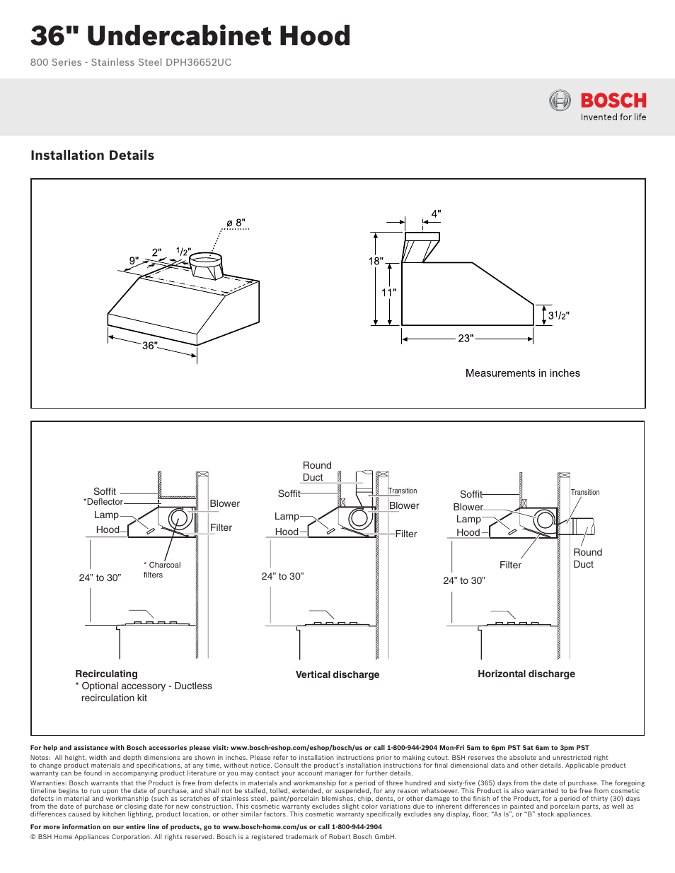 36" undercabinet hood, Installation details | Bosch DPH36652UC User Manual | Page 2 / 2
