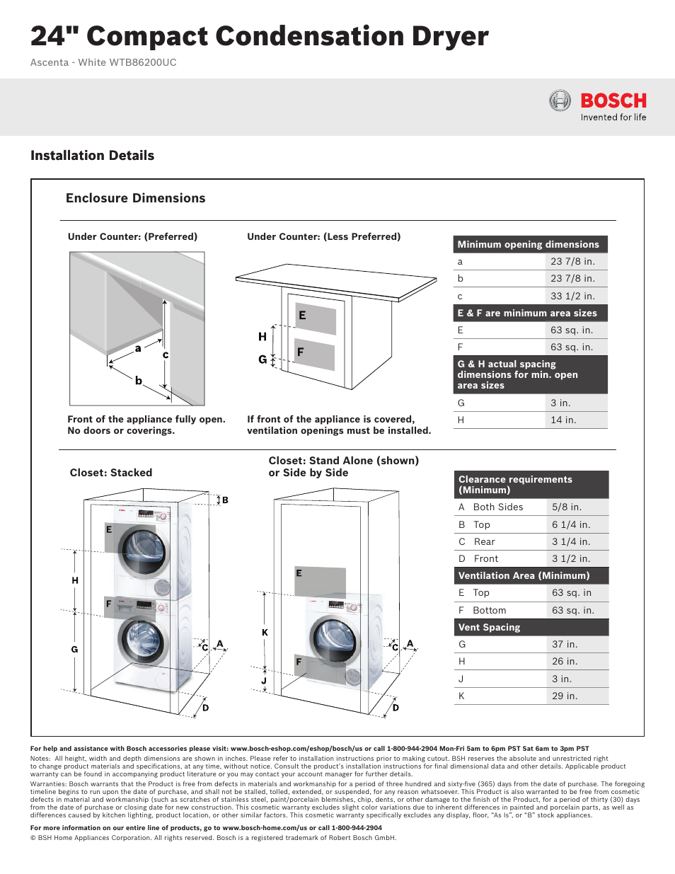 24" compact condensation dryer, Installation details, Enclosure dimensions | Bosch WTB86200UC User Manual | Page 3 / 3