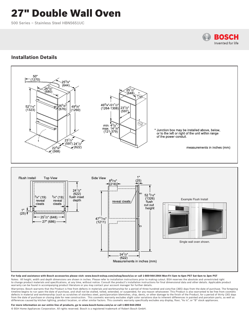 27" double wall oven, Installation details | Bosch HBN5651UC User Manual | Page 2 / 3