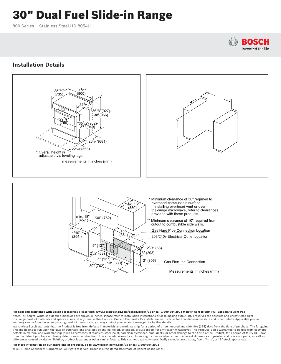 30" dual fuel slide-in range, Installation details | Bosch HDI8054U User Manual | Page 2 / 2