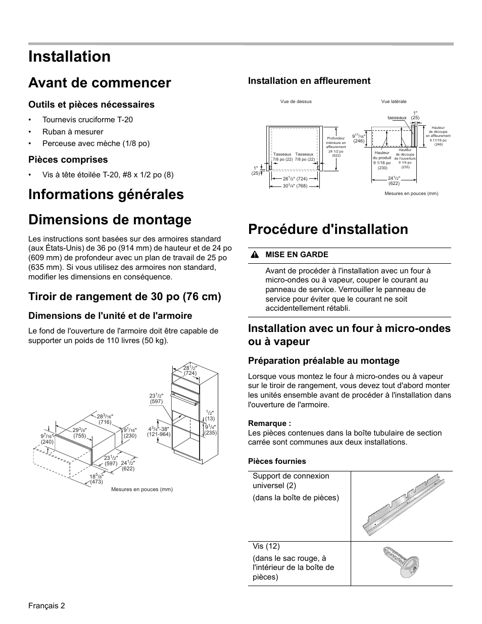 Installation, Avant de commencer, Informations générales dimensions de montage | Procédure d'installation, Tiroir de rangement de 30 po (76 cm), Outils et pièces nécessaires, Pièces comprises, Dimensions de l'unité et de l'armoire, Installation en affleurement, Préparation préalable au montage | Bosch HSD5051UC User Manual | Page 10 / 20