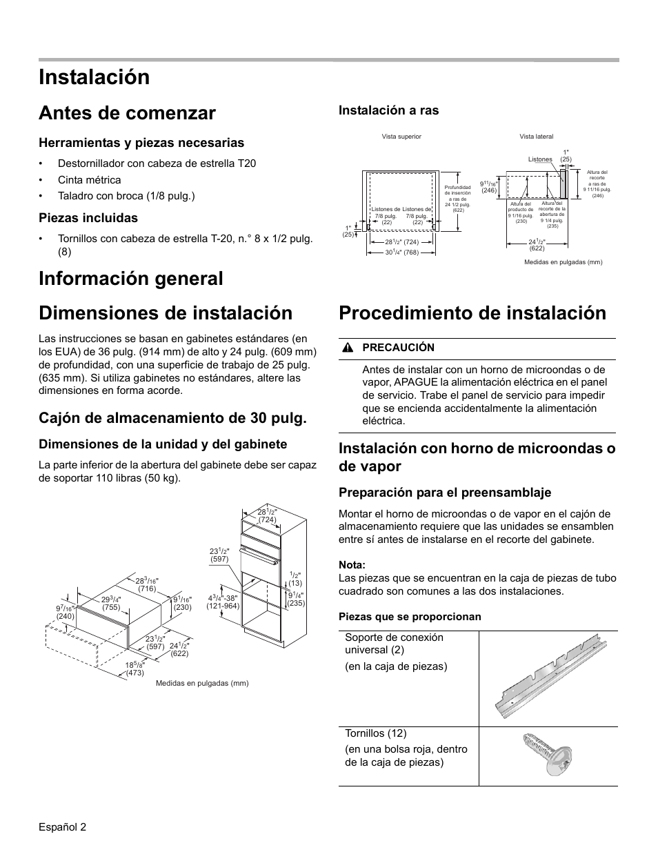 Instalación, Antes de comenzar, Información general dimensiones de instalación | Procedimiento de instalación, Cajón de almacenamiento de 30 pulg, Instalación con horno de microondas o de vapor, Herramientas y piezas necesarias, Piezas incluidas, Dimensiones de la unidad y del gabinete, Instalación a ras | Bosch HSD5051UC User Manual | Page 16 / 20