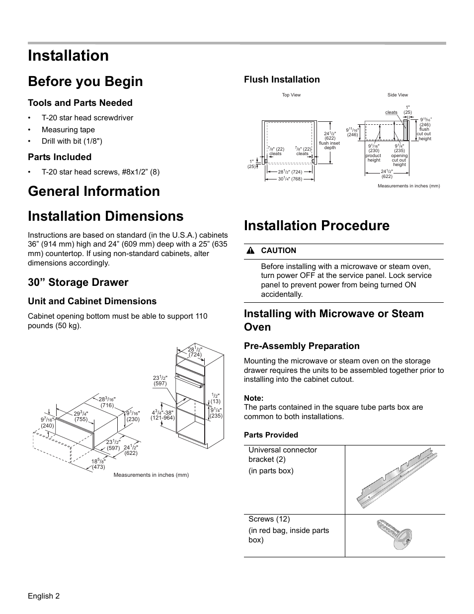 Installation, Before you begin, General information installation dimensions | Installation procedure, 30” storage drawer, Installing with microwave or steam oven, Tools and parts needed, Parts included, Unit and cabinet dimensions, Flush installation | Bosch HSD5051UC User Manual | Page 4 / 20