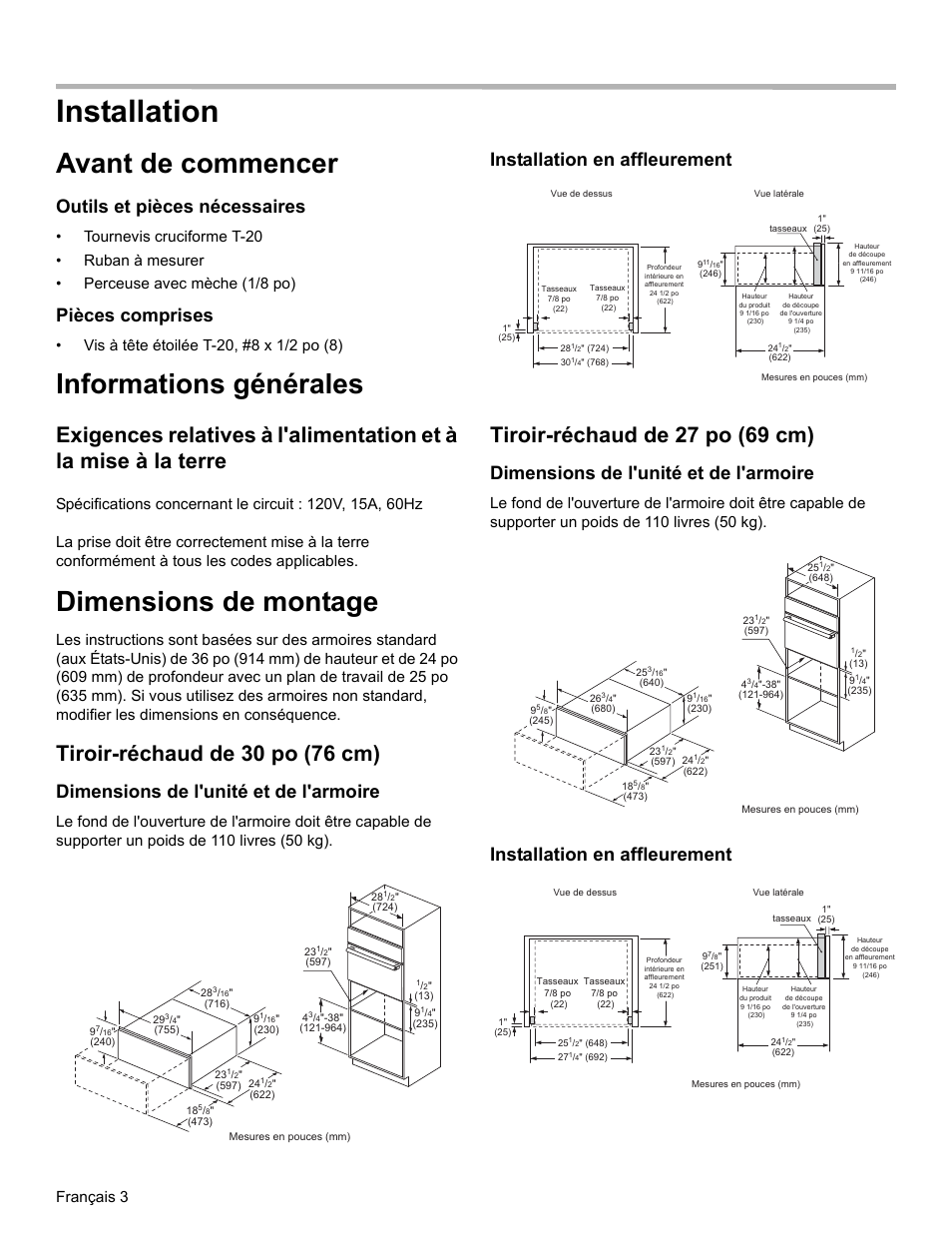 Installation, Avant de commencer, Informations générales | Dimensions de montage, Tiroir-réchaud de 30 po (76 cm), Tiroir-réchaud de 27 po (69 cm), Outils et pièces nécessaires, Pièces comprises, Dimensions de l'unité et de l'armoire, Installation en affleurement | Bosch HWD5051UC User Manual | Page 12 / 24