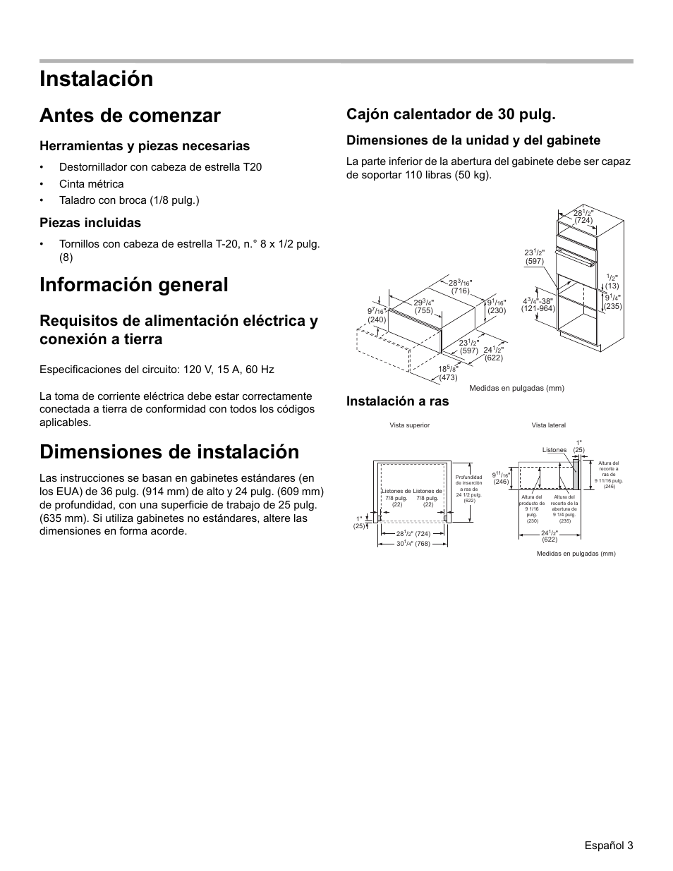 Instalación, Antes de comenzar, Información general | Dimensiones de instalación, Cajón calentador de 30 pulg, Herramientas y piezas necesarias, Piezas incluidas, Dimensiones de la unidad y del gabinete, Instalación a ras, Español 3 | Bosch HWD5051UC User Manual | Page 19 / 24