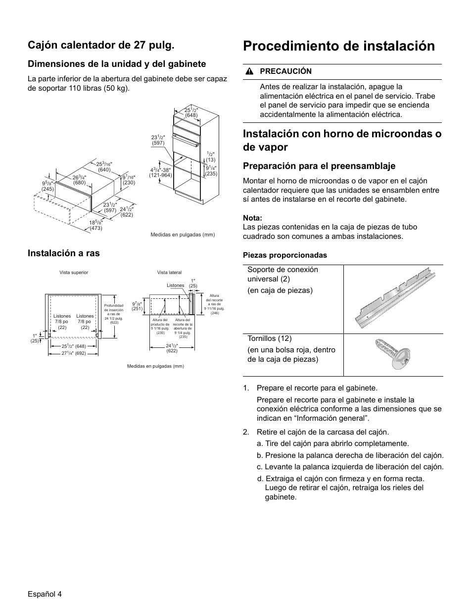 Procedimiento de instalación, Cajón calentador de 27 pulg, Instalación con horno de microondas o de vapor | Dimensiones de la unidad y del gabinete, Instalación a ras, Preparación para el preensamblaje, Español 4 | Bosch HWD5051UC User Manual | Page 20 / 24