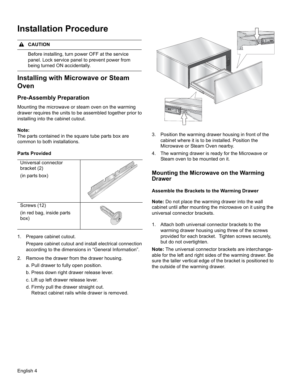 Installation procedure, Installing with microwave or steam oven | Bosch HWD5051UC User Manual | Page 6 / 24