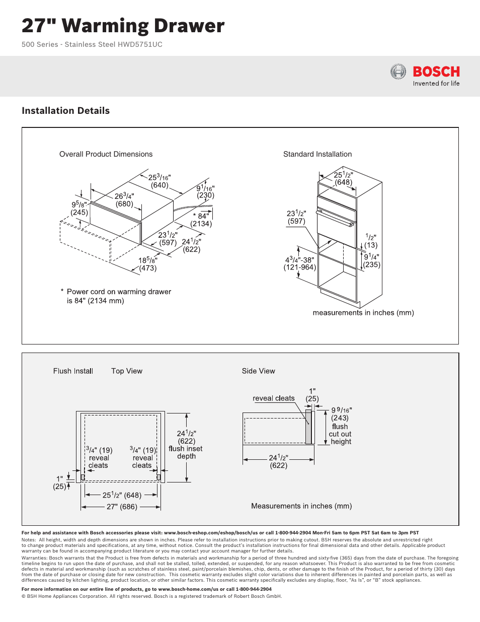 27" warming drawer, Installation details | Bosch HWD5751UC User Manual | Page 2 / 3