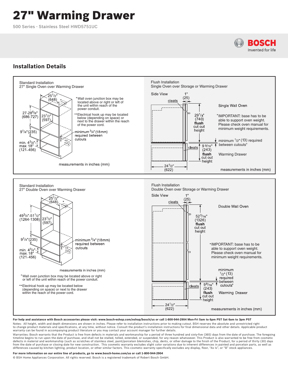 27" warming drawer, Installation details | Bosch HWD5751UC User Manual | Page 3 / 3