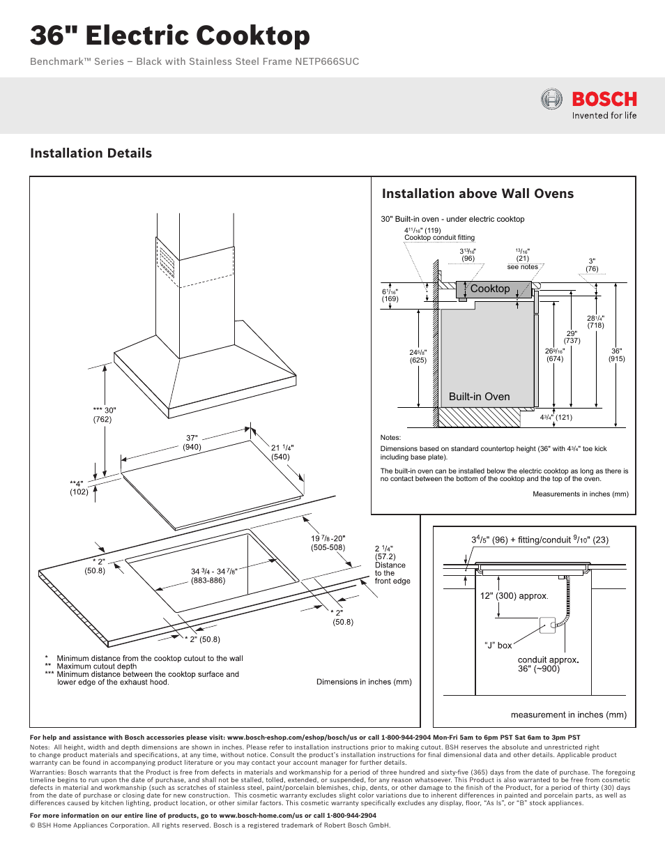 36" electric cooktop, Installation details, Installation above wall ovens | Cooktop built-in oven | Bosch NETP666SUC User Manual | Page 2 / 2