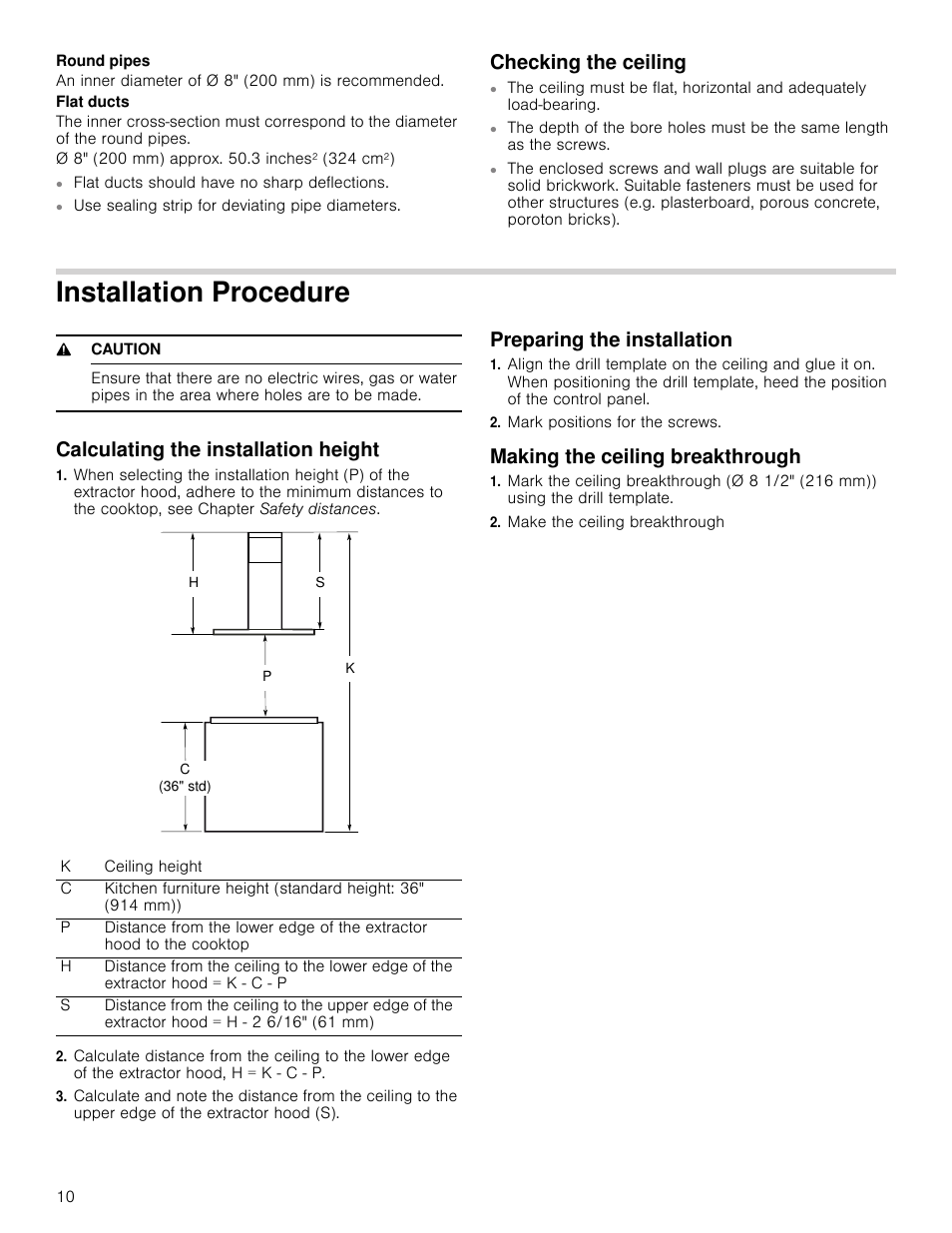 Checking the ceiling, Installation procedure, 9 caution | Calculating the installation height, Preparing the installation, Mark positions for the screws, Making the ceiling breakthrough, Make the ceiling breakthrough | Bosch HIB82651UC User Manual | Page 10 / 40