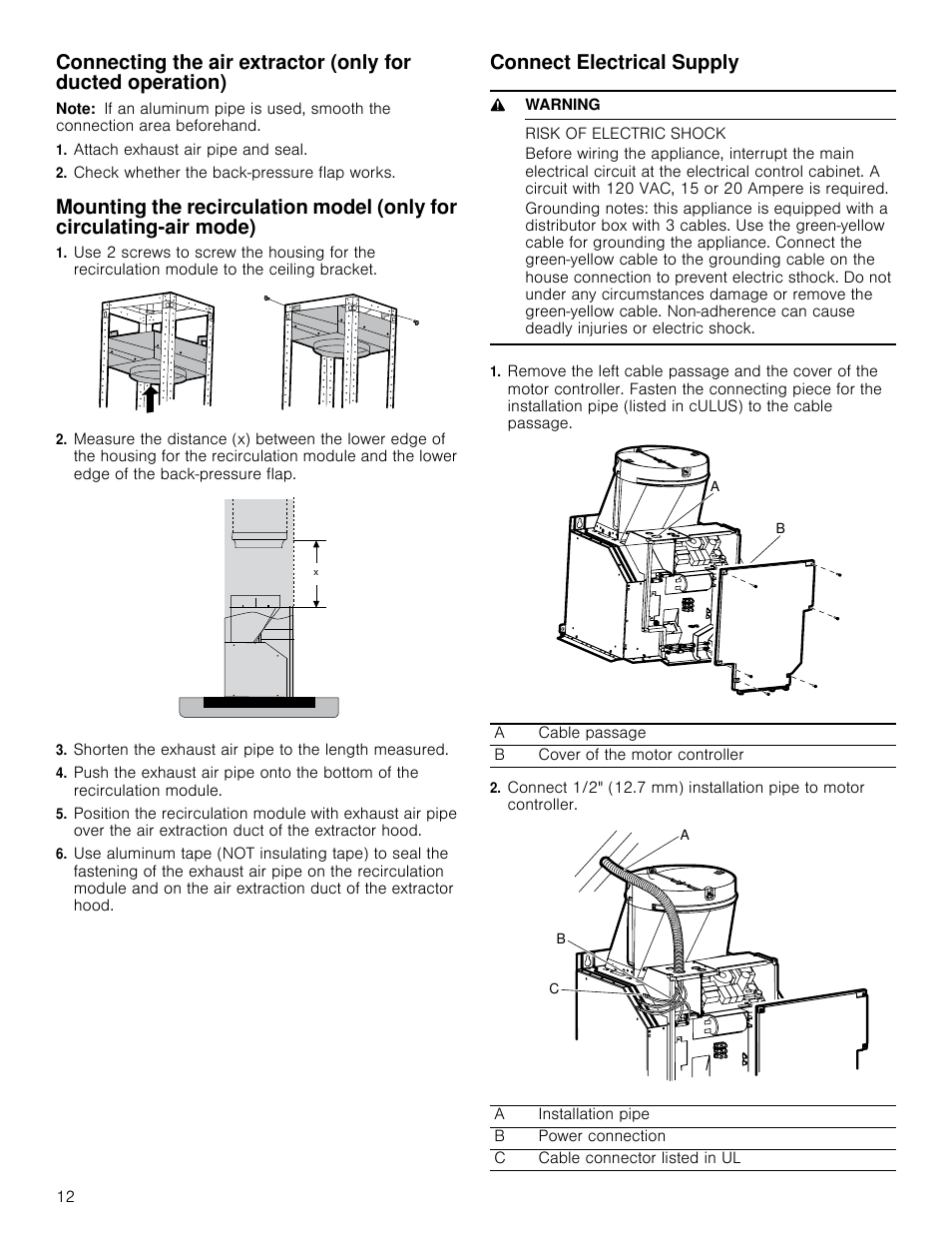 Note, Attach exhaust air pipe and seal, Check whether the back-pressure flap works | Connect electrical supply, 9 warning, Risk of electric shock | Bosch HIB82651UC User Manual | Page 12 / 40